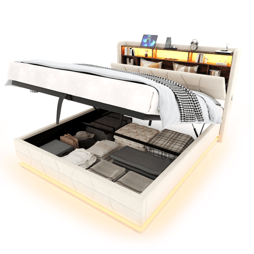 Cama multifuncional 140x200cm - LED, prateleiras, bolsos, USBType-C, cabeceira com arrumação - Bege