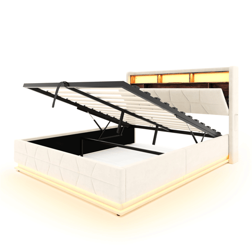 Cama multifuncional 140x200cm - LED, prateleiras, bolsos, USBType-C, cabeceira com arrumação - Bege