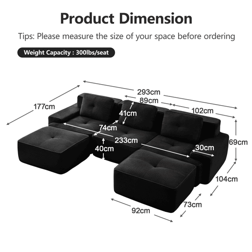 Sofá modular U 3 lugares - cloud com otomana sem montagem - preto