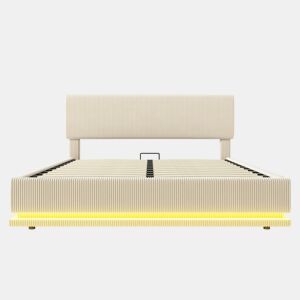 Cama estofada 160x200 - LED, USB-C, cabeceira ajustável, arrumação, tecido Cord - Bege