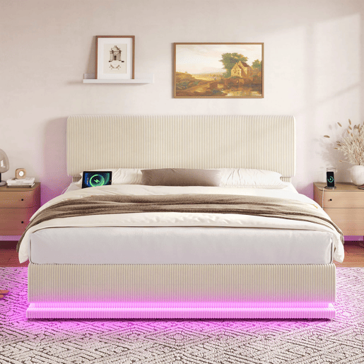 Cama estofada 160x200 - LED, USB-C, cabeceira ajustável, arrumação, tecido Cord - Bege