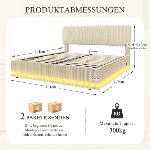 Cama estofada 160x200 - LED, USB-C, cabeceira ajustável, arrumação, tecido Cord - Bege