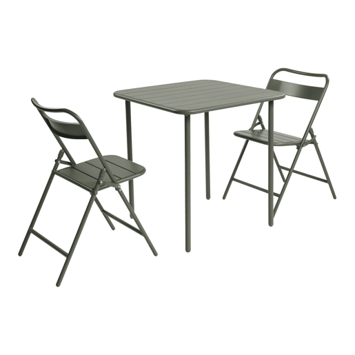 Mesa de jardim bistrô em aço com 2 cadeiras dobráveis, 70cm Verde caqui - 70x70x72.5 cm