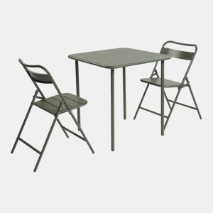 Mesa de jardim bistrô em aço com 2 cadeiras dobráveis, 70cm Verde caqui - 70x70x72.5 cm