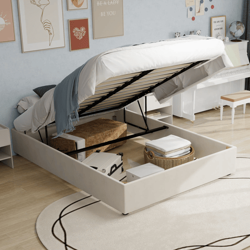 Cama de casal 160x200 - minimalista moderna com pistões a gás - bege