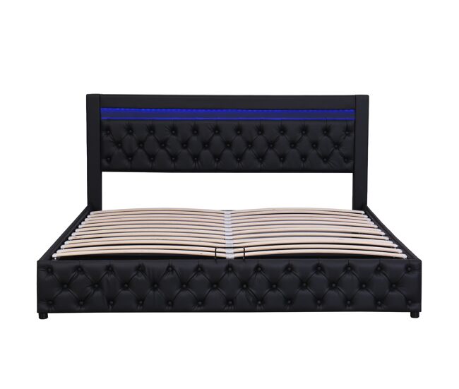 Cama tapizada 140x190 cm - con almacenamiento hidráulico y led - negro