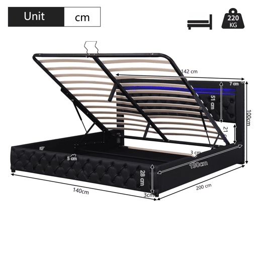 Cama estofada 140x190 cm - com armazenamento hidráulico e LED - preto