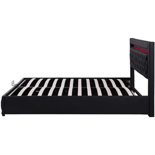 Cama estofada 140x190 cm - com armazenamento hidráulico e LED - preto