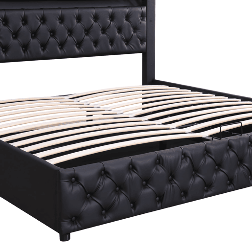 Cama estofada 140x190 cm - com armazenamento hidráulico e LED - preto