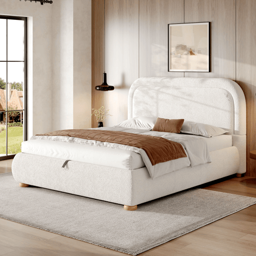 Cama de casal 160x200 cm - hidráulica, com estrado e grande espaço de arrumação, cabeceira estofada - Branco Cama de casal 160x200 cm - hidráulica, com estrado e grande espaço de arrumação, cabeceira estofada - Branco