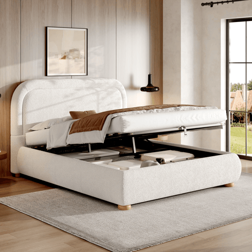 Cama de casal 160x200 cm - hidráulica, com estrado e grande espaço de arrumação, cabeceira estofada - Branco Cama de casal 160x200 cm - hidráulica, com estrado e grande espaço de arrumação, cabeceira estofada - Branco
