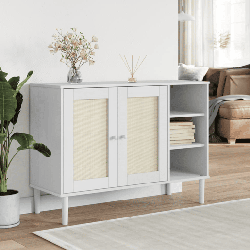 Aparador - Bufete - Móvei de apoio aspeto de vime 112x40x80 cm pinho maciço branco pt1648