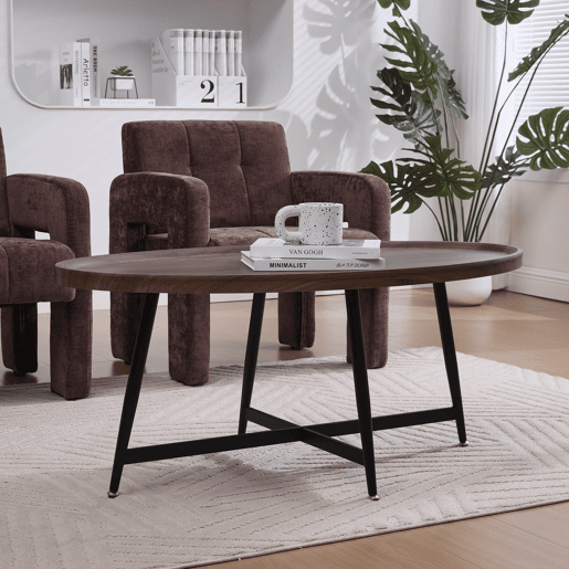 Mesa de centro ovalada - estilo nórdico com estrutura metálica - castanha