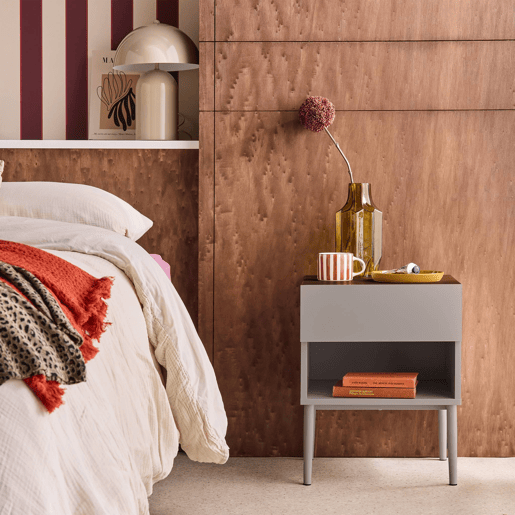 Mesa de cabeceira em metal com acabamento em madeira Cinza - 40x40x50 cm