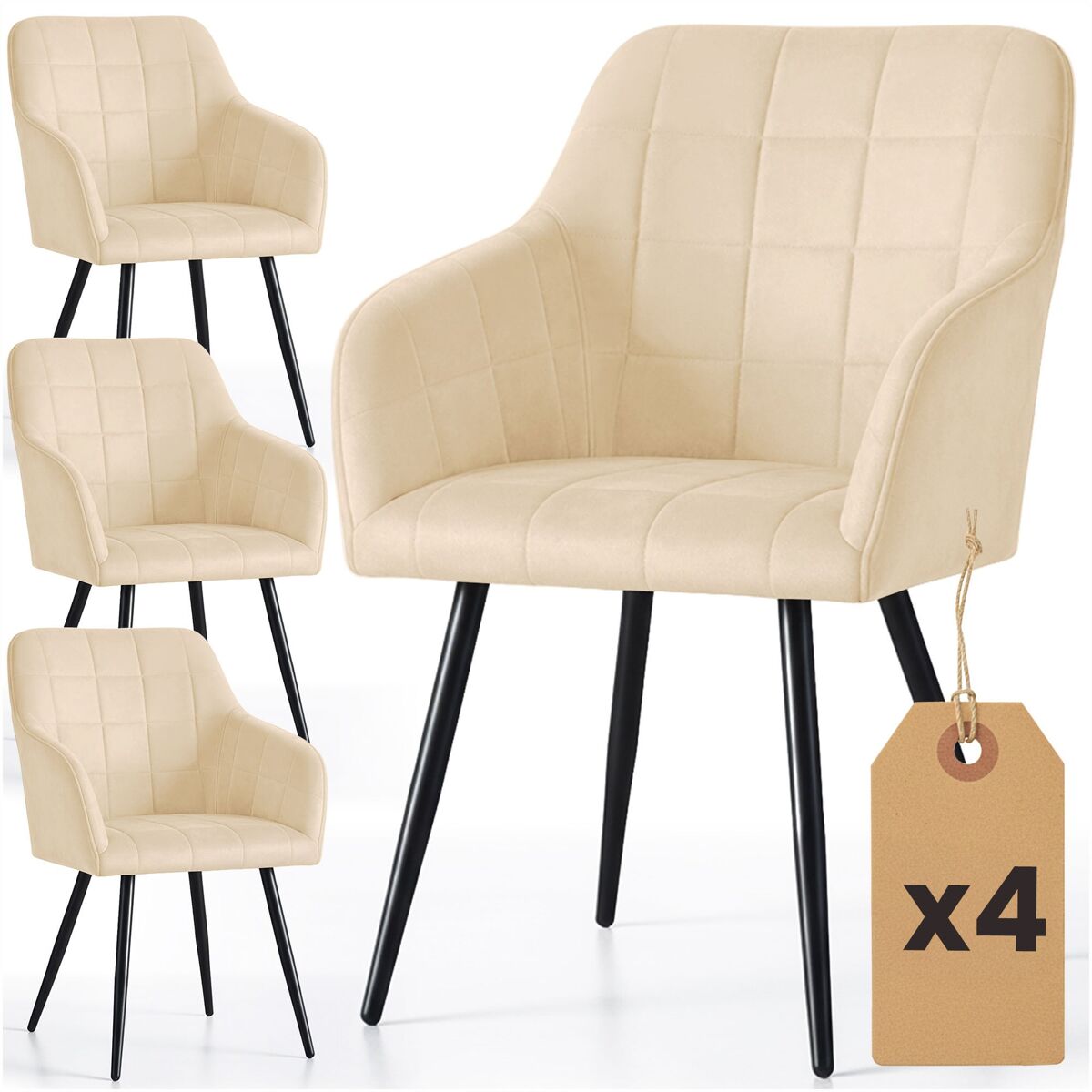 Juego de 4 sillas acolchadas con costuras cuadradas luxano beige patas negras