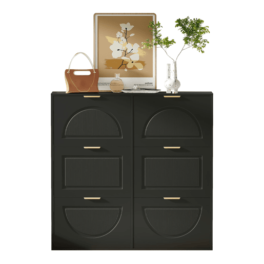 Sapateira moderna 118x115x25 cm - 6 compartimentos rebatíveis, prateleiras abertas - Preto