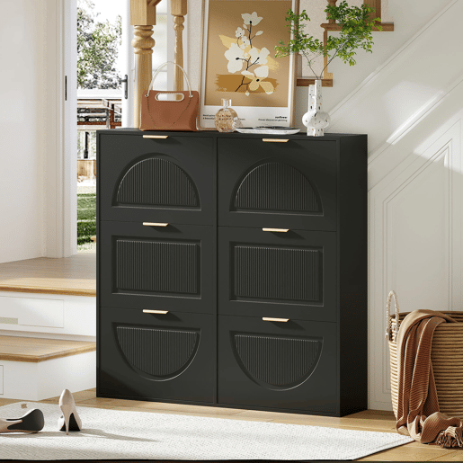 Sapateira moderna 118x115x25 cm - 6 compartimentos rebatíveis, prateleiras abertas - Preto