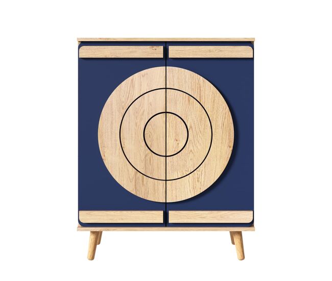 Zapatero moderno - puertas geométricas redondas, varios niveles, patas de madera - azul/natural