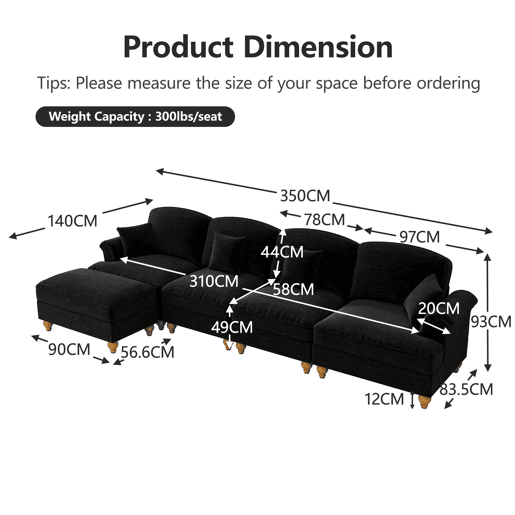 Sofá modular L 4 lugares - Chenille, braços cónicos, saia removível, pés torneados, pufe - Preto