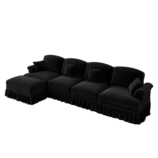 Sofá modular L 4 lugares - Chenille, braços cónicos, saia removível, pés torneados, pufe - Preto