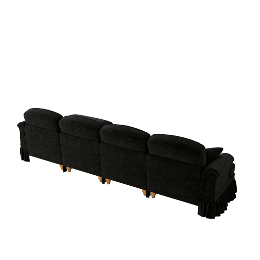 Sofá modular L 4 lugares - Chenille, braços cónicos, saia removível, pés torneados, pufe - Preto