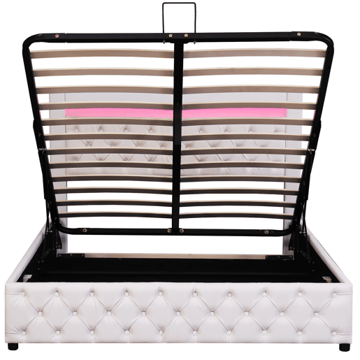 Cama estofada 140x190 cm - armazenamento hidráulico, estrado de ripas, LED, PU - Branco Cama estofada 140x190 cm - armazenamento hidráulico, estrado de ripas, LED, PU - Branco