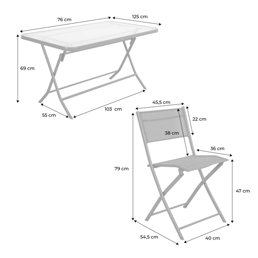 Mesa de jardim dobrável de aço com 4 cadeiras Antracite - 125x76x70 cm