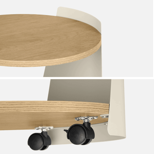 Mesa lateral, mesa de cabeceira em metal e madeira com rodas Bege - 40x39.5x47.5 cm