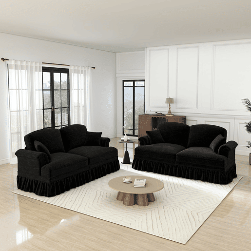 Sofá modular L 4 lugares - Chenille, braços cónicos, saia removível, pés torneados, apoio para os pés - Preto