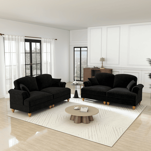 Sofá modular L 4 lugares - Chenille, braços cónicos, saia removível, pés torneados, apoio para os pés - Preto