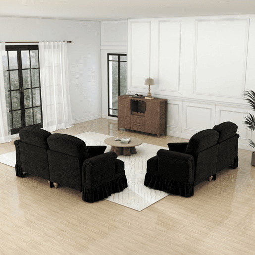 Sofá modular L 4 lugares - Chenille, braços cónicos, saia removível, pés torneados, apoio para os pés - Preto