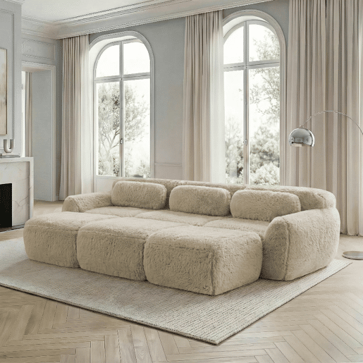 Sofá modular + 3 lugares - Felpa suave, 3 pufes, sofá-cama confortável - Cáqui claro