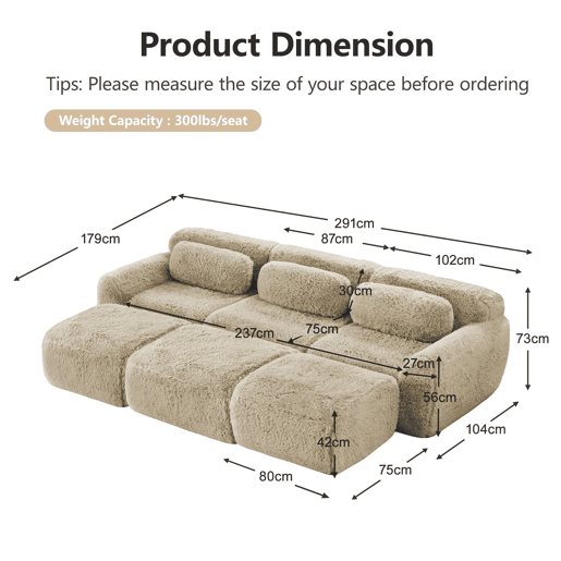 Sofá modular + 3 lugares - Felpa suave, 3 pufes, sofá-cama confortável - Cáqui claro