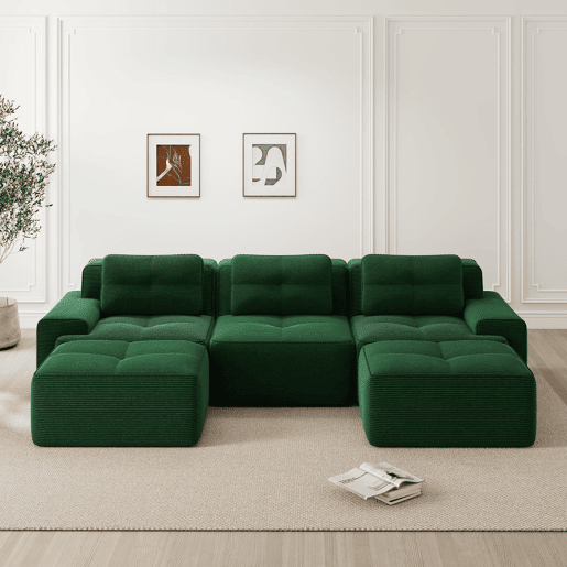 Sofá modular de 3 lugares - Cloud, com otomano, estofado em veludo cotelê, fácil montagem - Verde