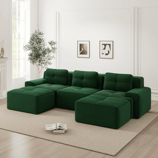 Sofá modular de 3 lugares - Cloud, com otomano, estofado em veludo cotelê, fácil montagem - Verde