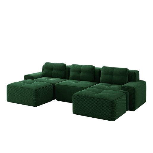 Sofá modular de 3 lugares - Cloud, com otomano, estofado em veludo cotelê, fácil montagem - Verde