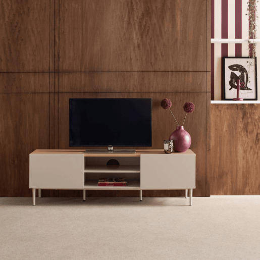 Móvel de TV em metal e decoração em madeira com 2 portas, 140cm Bege - 140x40x44 cm