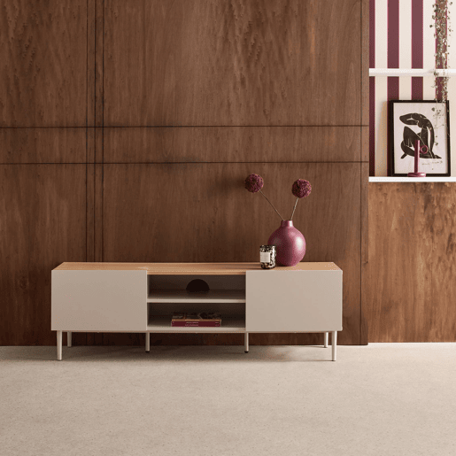 Móvel de TV em metal e decoração em madeira com 2 portas, 140cm Bege - 140x40x44 cm