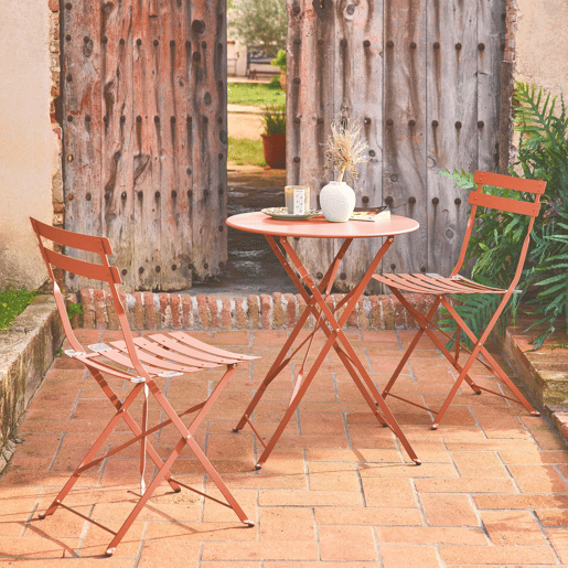 Mesa de jardim bistrô dobrável em aço com 2 cadeiras, ø60cm Rosa tostato - 60x60x71 cm