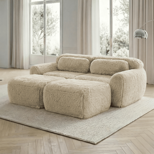 Sofá modular + 2 lugares - Tecido felpudo macio, chaise longue, sem montagem - Bege claro