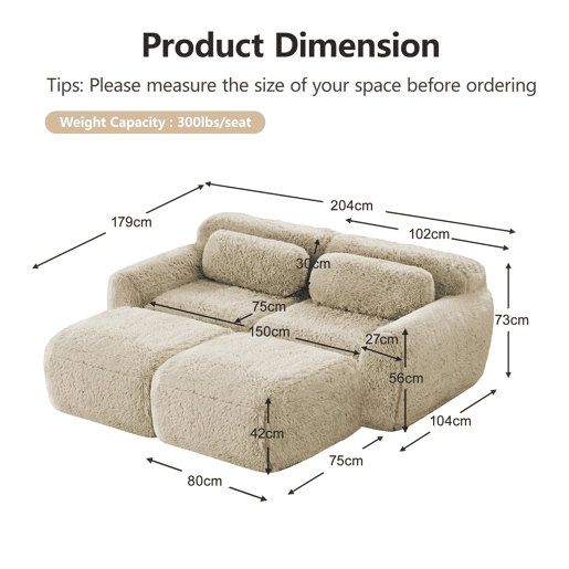 Sofá modular + 2 lugares - Tecido felpudo macio, chaise longue, sem montagem - Bege claro