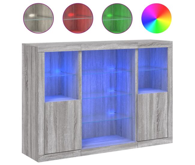Aparador - mueble de almacenamiento con luz led 3 pzas madera de ingeniería gris sonoma es2102