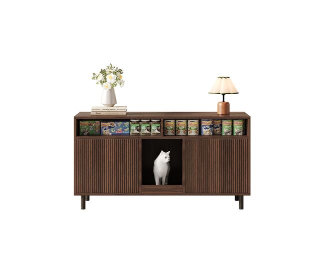 Armario para arena de gato 120x50x66 cm - con alfombra y almacenamiento - nogal