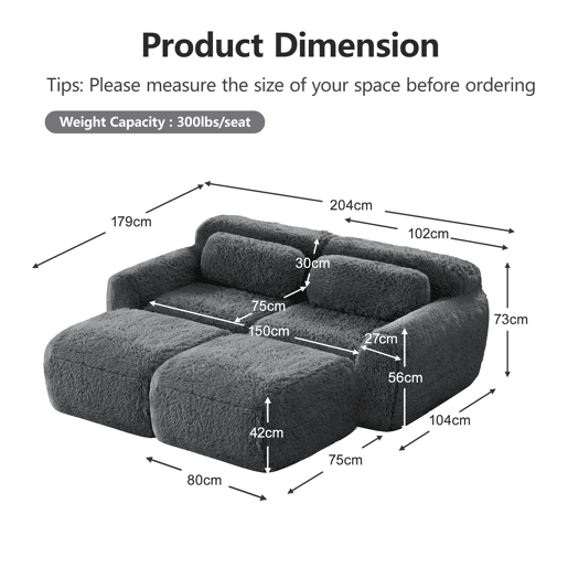 Sofá modular de 2 lugares - Tecido felpudo macio, cama modular com 2 pufes, sem montagem - Cinza