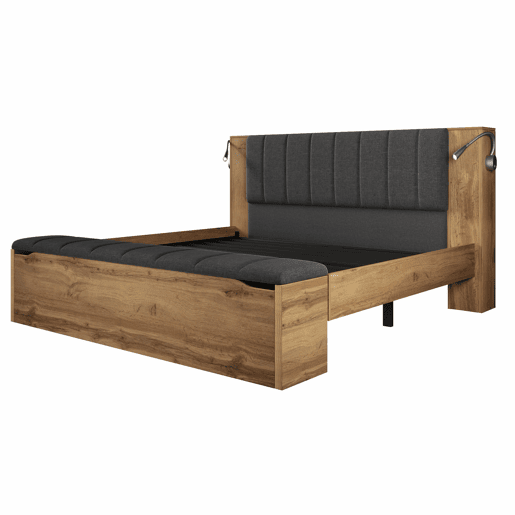 Cama de casal 160x200 cm - Cabeceira rebatível, arrumação, mesas de cabeceira, candeeiros USB - Carvalho