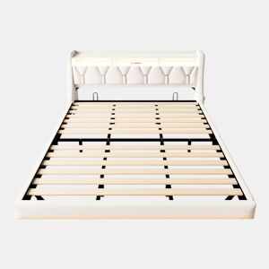 Cama estofada 180 x 200 cm - Cabeceira rebatível com tomada elétrica e prateleira, iluminação LED, pés ampliados, design flutuante, tecido de veludo bege