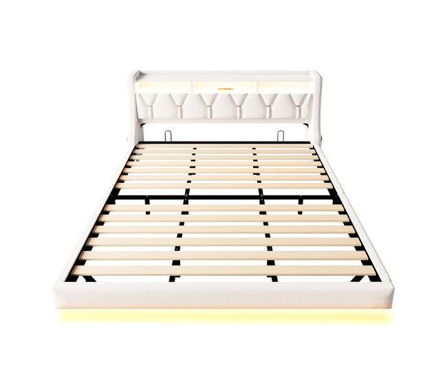 Cama tapizada 180 x 200 cm - cabecero abatible con toma de corriente y estante, iluminación led, patas ampliadas, diseño flotante, tela de terciopelo