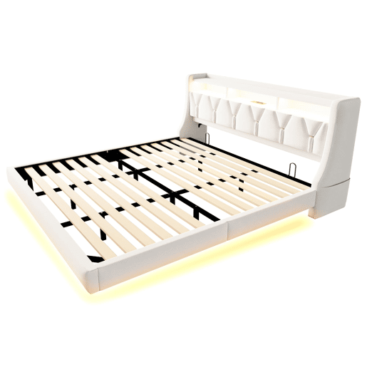 Cama estofada 180 x 200 cm - Cabeceira rebatível com tomada elétrica e prateleira, iluminação LED, pés ampliados, design flutuante, tecido de veludo bege