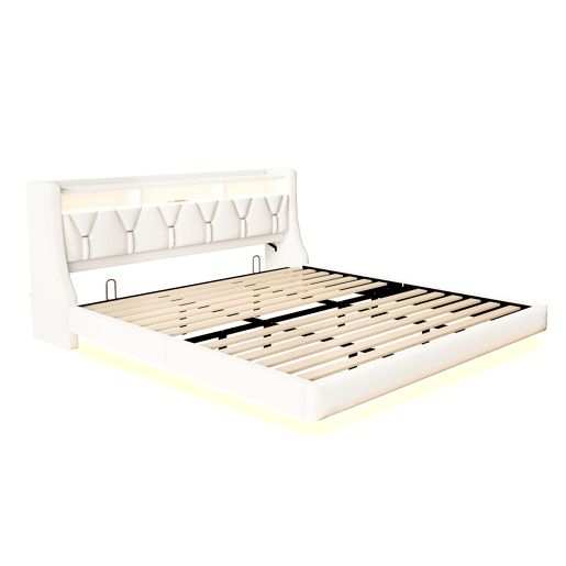 Cama estofada 180 x 200 cm - Cabeceira rebatível com tomada elétrica e prateleira, iluminação LED, pés ampliados, design flutuante, tecido de veludo bege