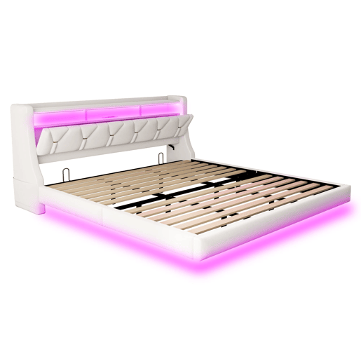 Cama estofada 180 x 200 cm - Cabeceira rebatível com tomada elétrica e prateleira, iluminação LED, pés ampliados, design flutuante, tecido de veludo bege